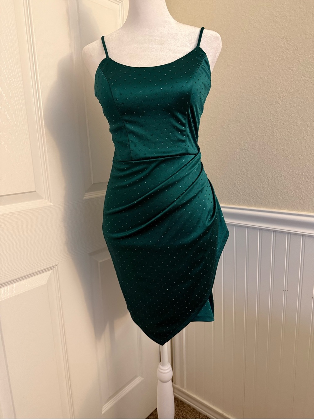 Midnight Doll Emerald Green Spaghetti Strap Ruched Satin Dress